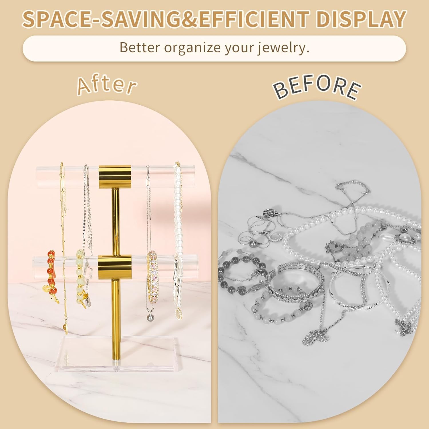 Necklace Holder Bracelet Holder, 2-Tier Acrylic Jewelry Display Stand Gold Jewelry Tower Stand Crystal T Bar Jewelry Organizer Gift for Women(2-Tier 1pc) - Image 5