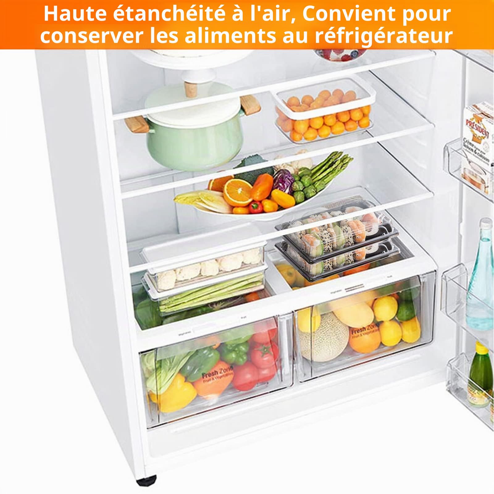 JMIATRY Lot de 25 plateaux réutilisables en plastique, couvercles inclus, 261 mm x 190 mm, friandises et sandwiches, récipients noirs pour fêtes et buffets