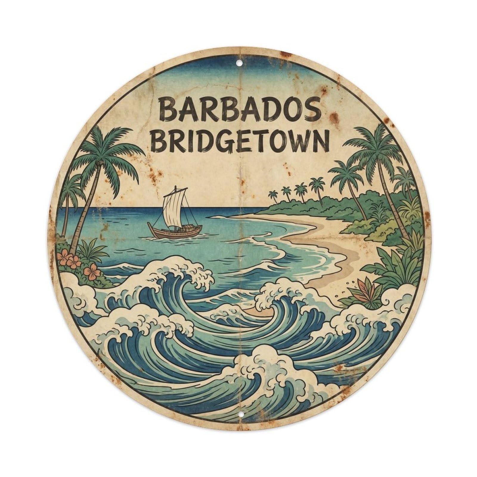 Barbados Bridgetown Lagoon Travel Ink Illustration Metal Tin Sign