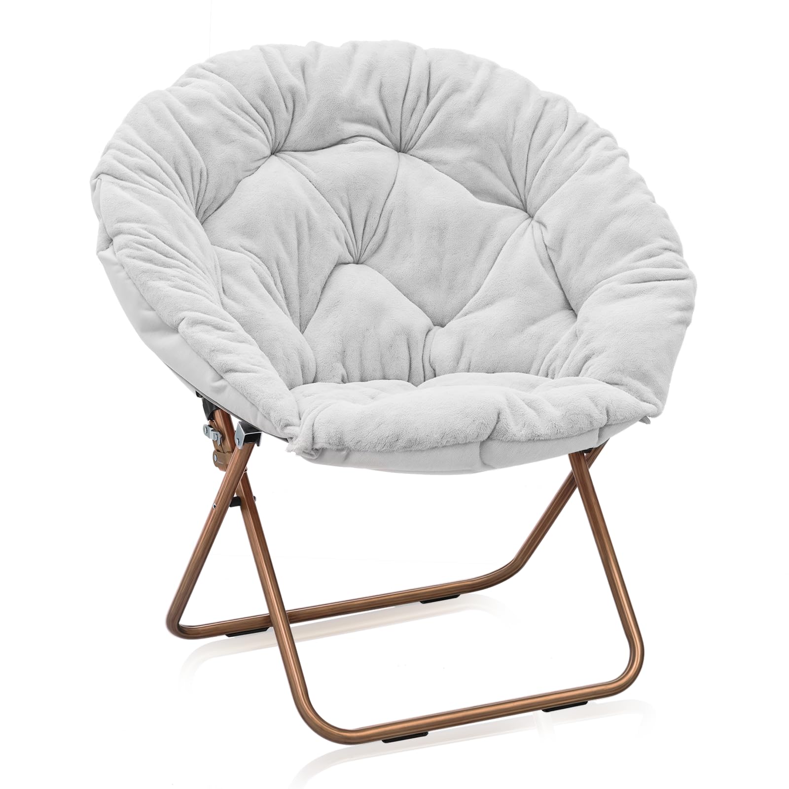 MoNiBloom Round Folding Faux Fur Saucer Chair for Bedroom Living Room Dorm Garden Courtyard Foldable Metal Frame Oversized Large Comfy Furry Padded