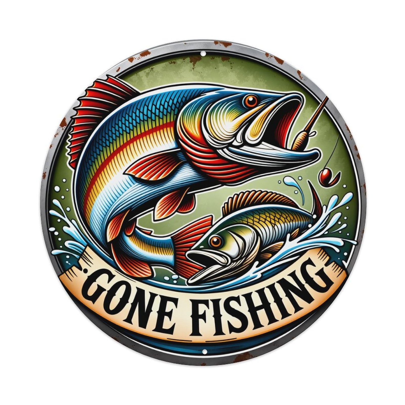 Colorful Fish Hook Water Splash Sign Metal Tin Sign Vintage Garden Bedroom Cafe Bar Man Cave Home Wall Decor Metal Poster 8x8 inches