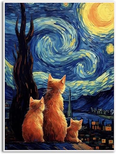 Van Gogh - Póster de pared con diseño de gato negro y noche estrellada, divertido estampado floral, colorido, abstracto, granja, galería, decoración