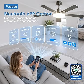 Passky Ceiling Fans with Lights, 52 inch Sleek Ceiling Fan with Light and Remote Control, 3CCT, Dimmable, Reversible, Noiseless, Black Ceiling Fan for Bedroom, Living Room | 3-color dimmable light, quiet reversible DC motor, easy install, memory, Timer, APP, bedroom, covered outdoor areas