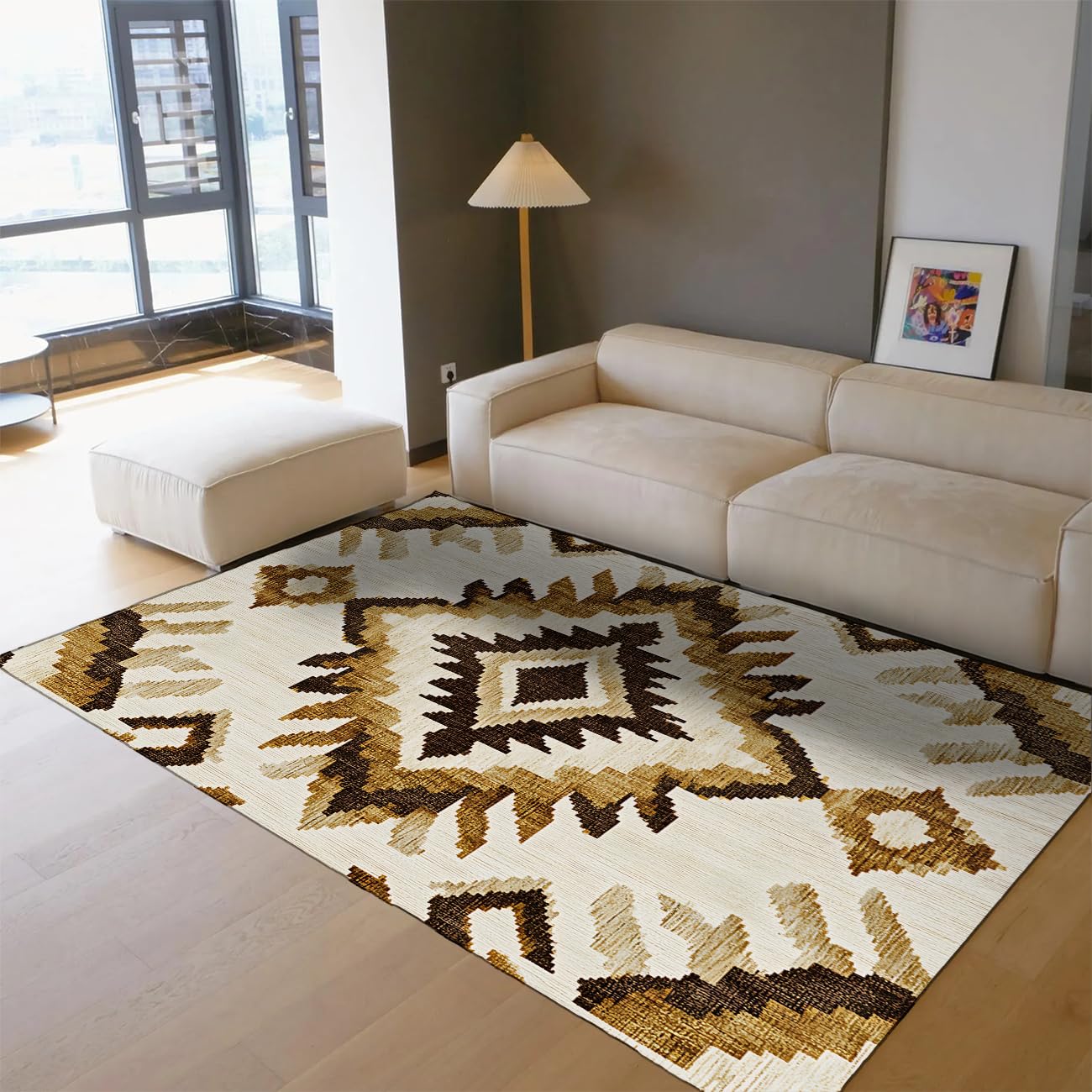 Southwestern Aztecki dywan do salonu, 120 x 160 cm, boho, brązowy, zmywalny, antypoślizgowy, nie gubi włosia, maty do domu, biura, sypialni, jadalni