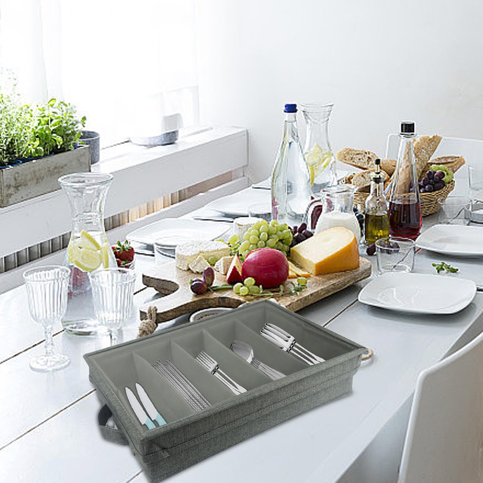 Contenitore Portaposate Con Divisori Regolabili - Scatola Organizzatrice Con Coperchio | Per Cucina E Ufficio