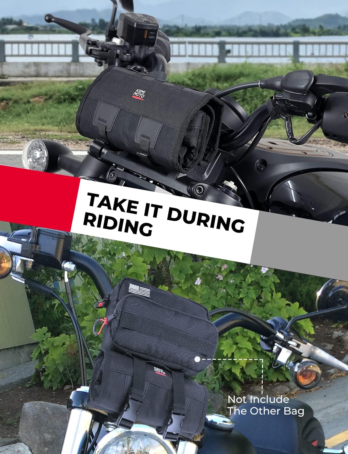 KEMIMOTO Motorcycle Tool Bag - Handlebar Kit Roll Up Organizer With Elastic Loops Pockets - Sturdy Pouch for Softail Dyna Sportster - Tools Not Included