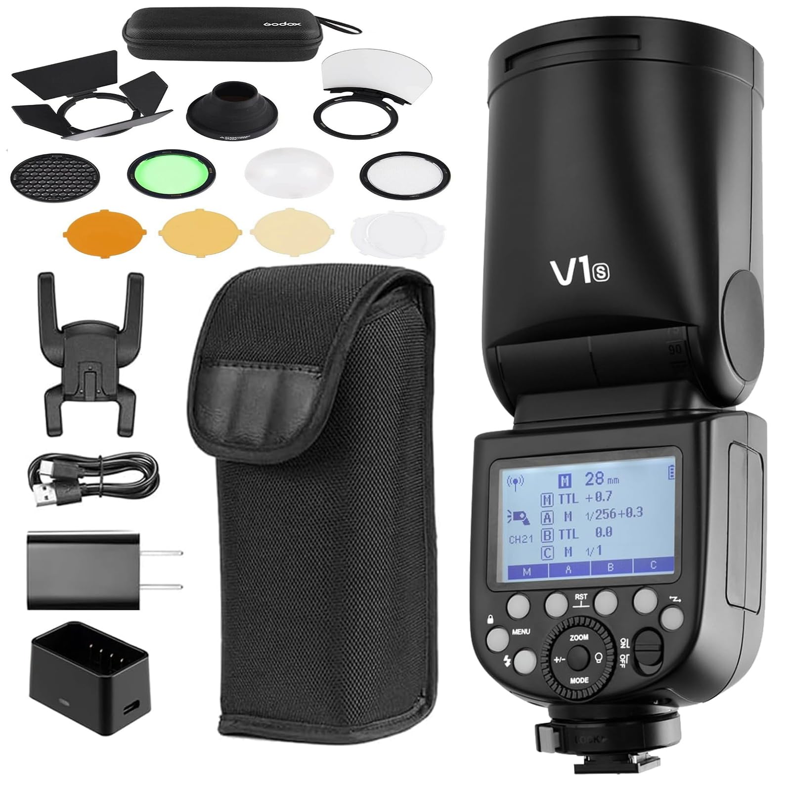 Godox V1-S Camera Flash for Sony Cameras, 76Ws 2.4G TTL Round Head Flash, 1/8000 HSS, 480 Full Power Shots, 1.5s Recycle Time, 2600mAh Lithium Battery, 10 Level LED Modeling Lamp, With AK-R1 Kit