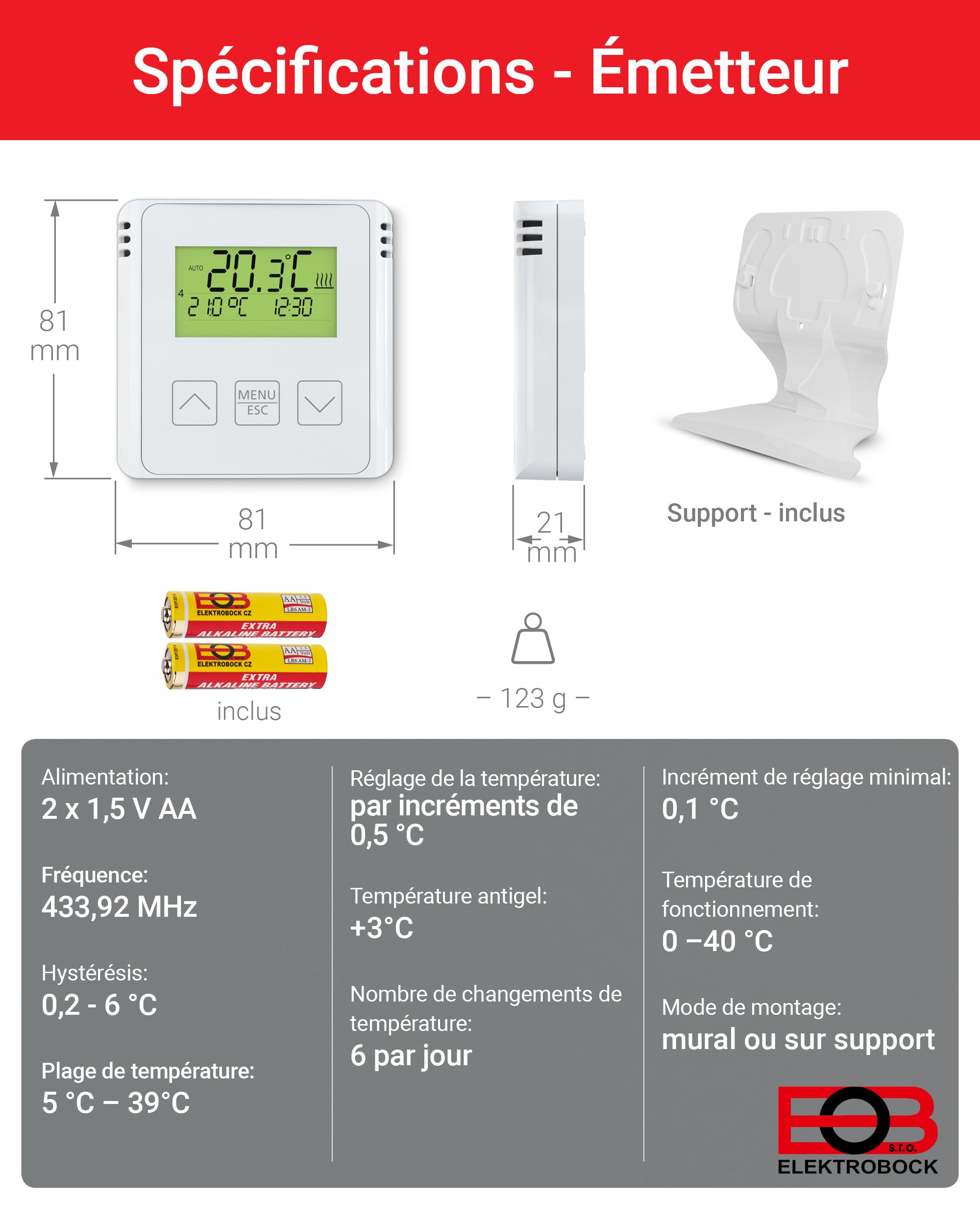 ELEKTROBOCK BT731 Thermostat d'ambiance sans Fil avec récepteur - Support - Portée jusqu'à 35 m - pour Chauffage électrique et Infrarouge - Programmes hebdomadaires et Protection antigel, Blanc