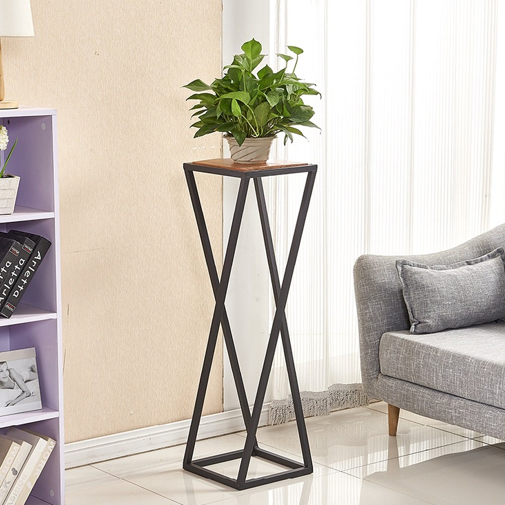 ZHEN GUO Industrial Metal and Wood Corner Single Plant Stand, Black Steel Bracket with Wooden Pot Shelf Holder, Table Lamp Stand (Size : Height 80cm)