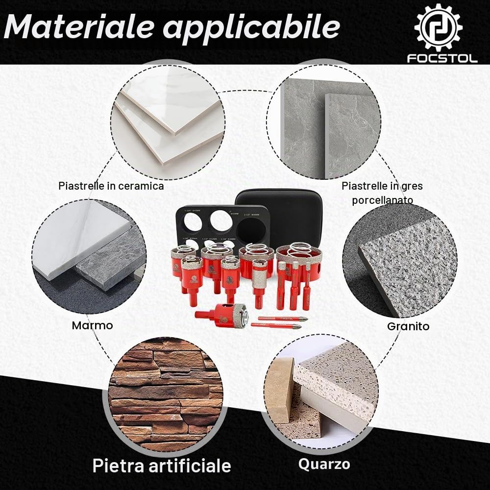 FOCSTOL Punte Diamantate Gres Porcellanato - Punte Trapano Diamantate per Piastrelle Ceramica Marmo Graint 13 pezzi (6/8/10/25/28/32/35/45/50/65mm+20mm Trapano Fresa+6/6mm Punta in Carburo)