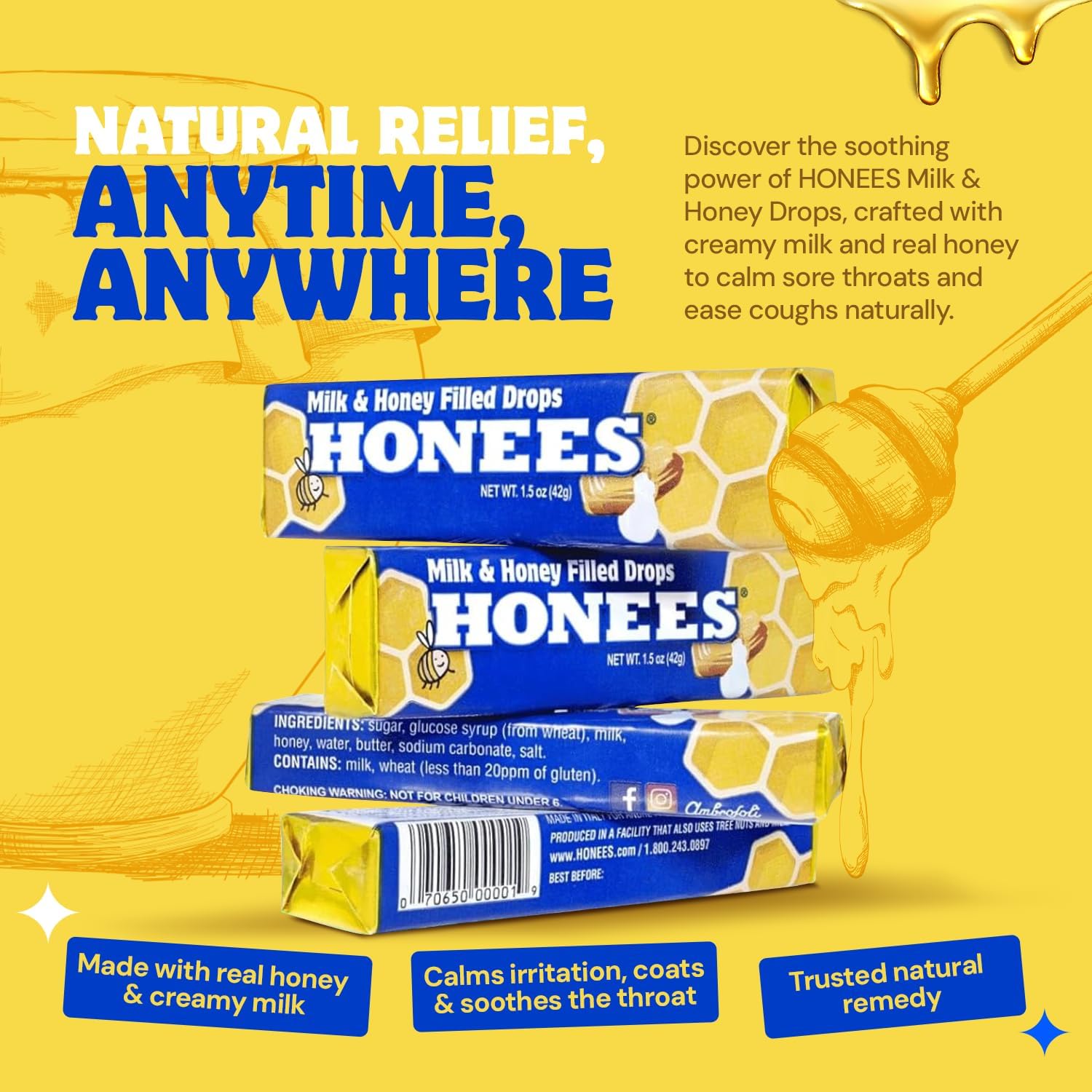 Honees Honey Filled Cough Drops, Milk & Honey- Natural Cough Drops- Sore Throat Relief - Nothing Artificial -Throat Lozenges, Natural Cough Suppressant- Non-GMO (24 Pack, 216 Drops)