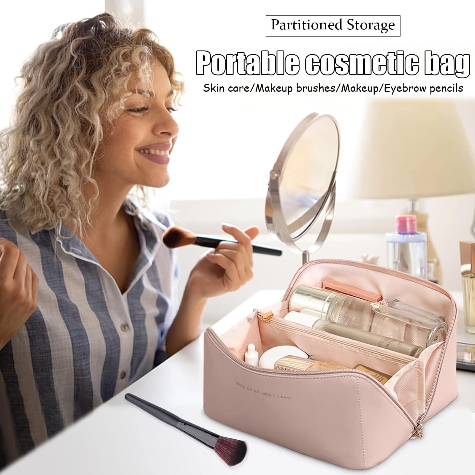 HhBdy Makeup Bag,PU Leather Waterproof Toiletry Bags for Women,Portable Large Capacity Travel Toiletry Bag with Handle and Compartment(Pink) - Image 2