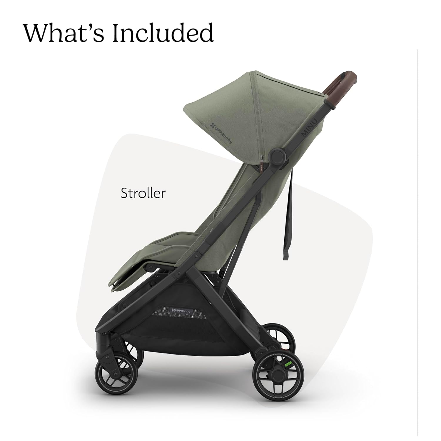 UPPAbaby Minu V3 Travel Stroller | Lightweight + Compact Design | One-Hand Fold + Unfold | from Birth + Overhead Compatible | Evelyn (Meadow Green/Carbon Frame/Chestnut Leather)