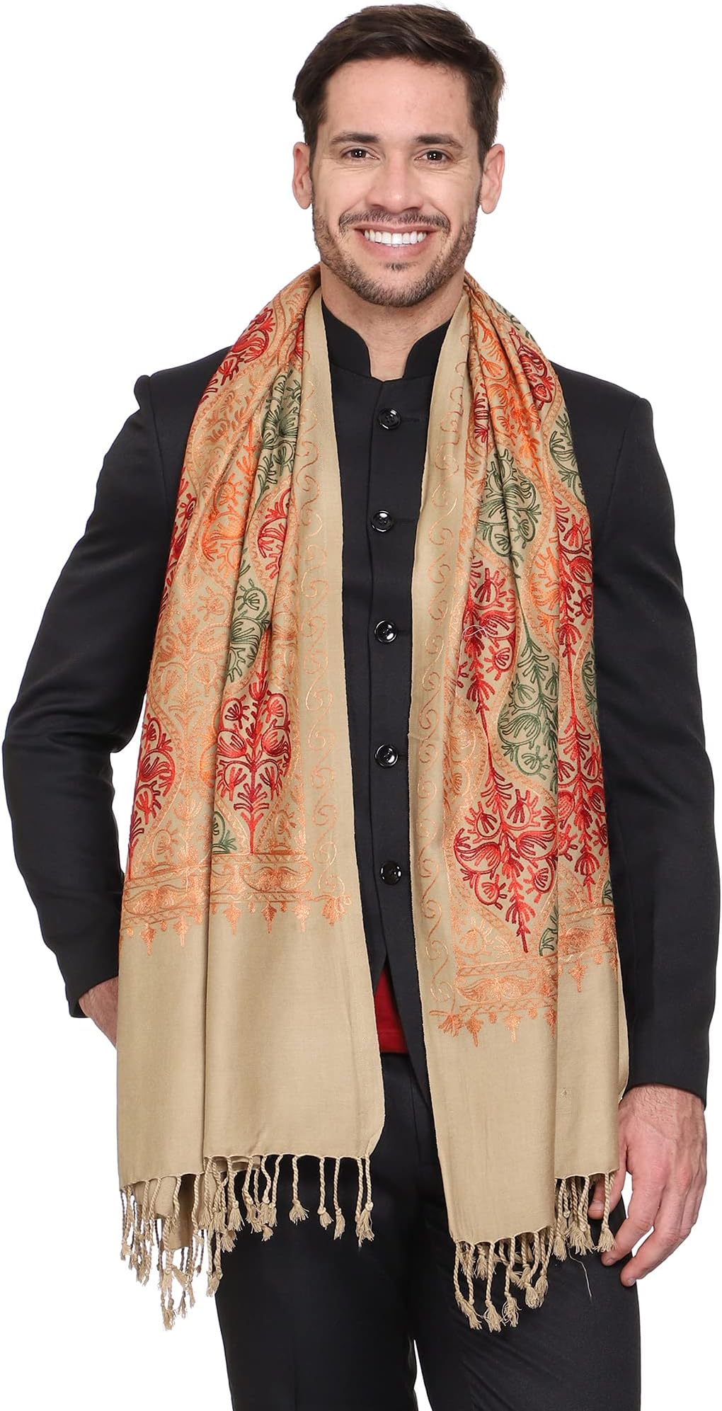 Weavers VillaMen's Matka Embroided Cashmilon Gents Shawls Stoles Muffler for Men [ " X 80"] Beige, M