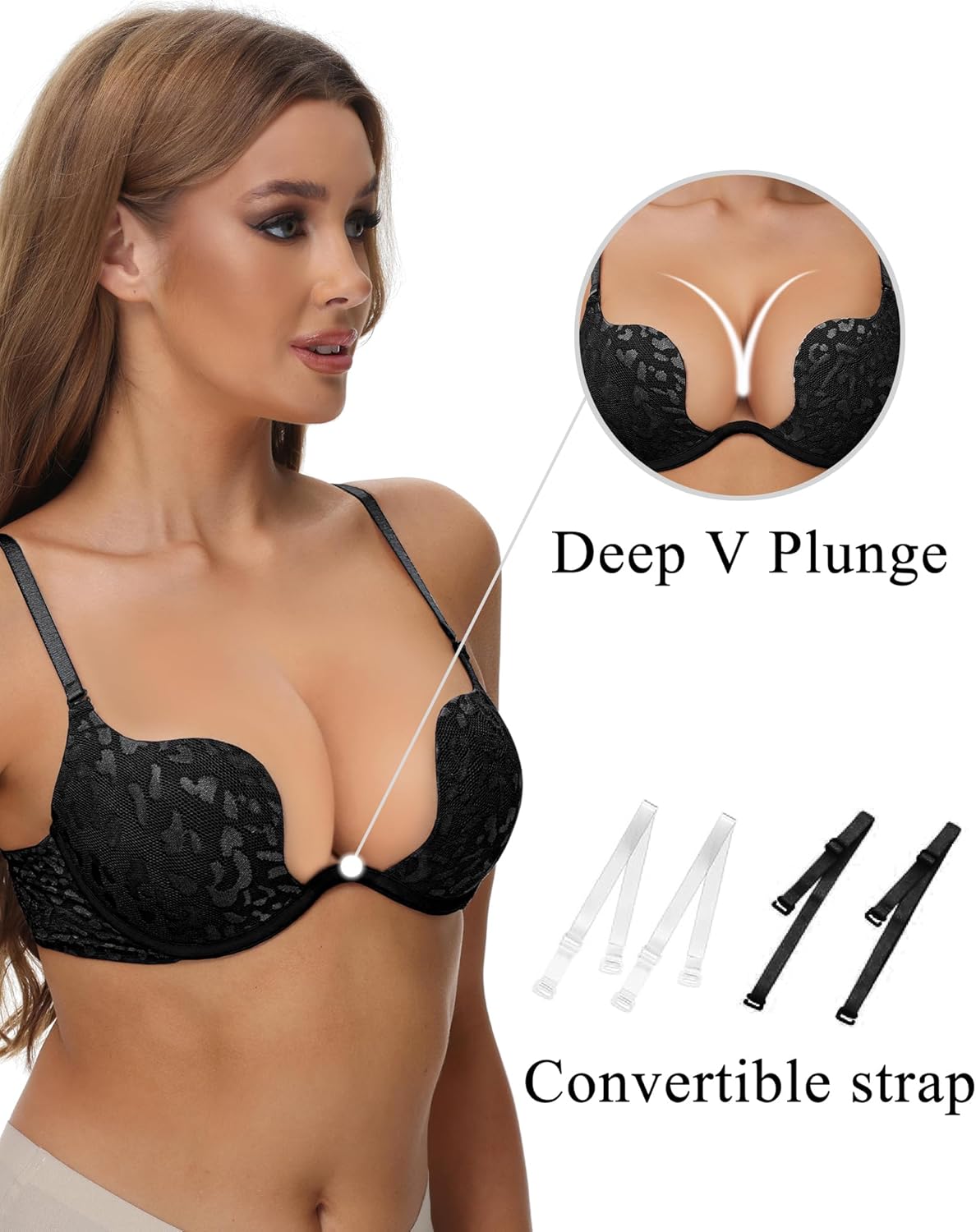 Women's Push Up Bra Deep V Plunge Sexy Cleavage Low Cut Back Underwire Bras Leopard Lace Convertible Multiway - Image 2