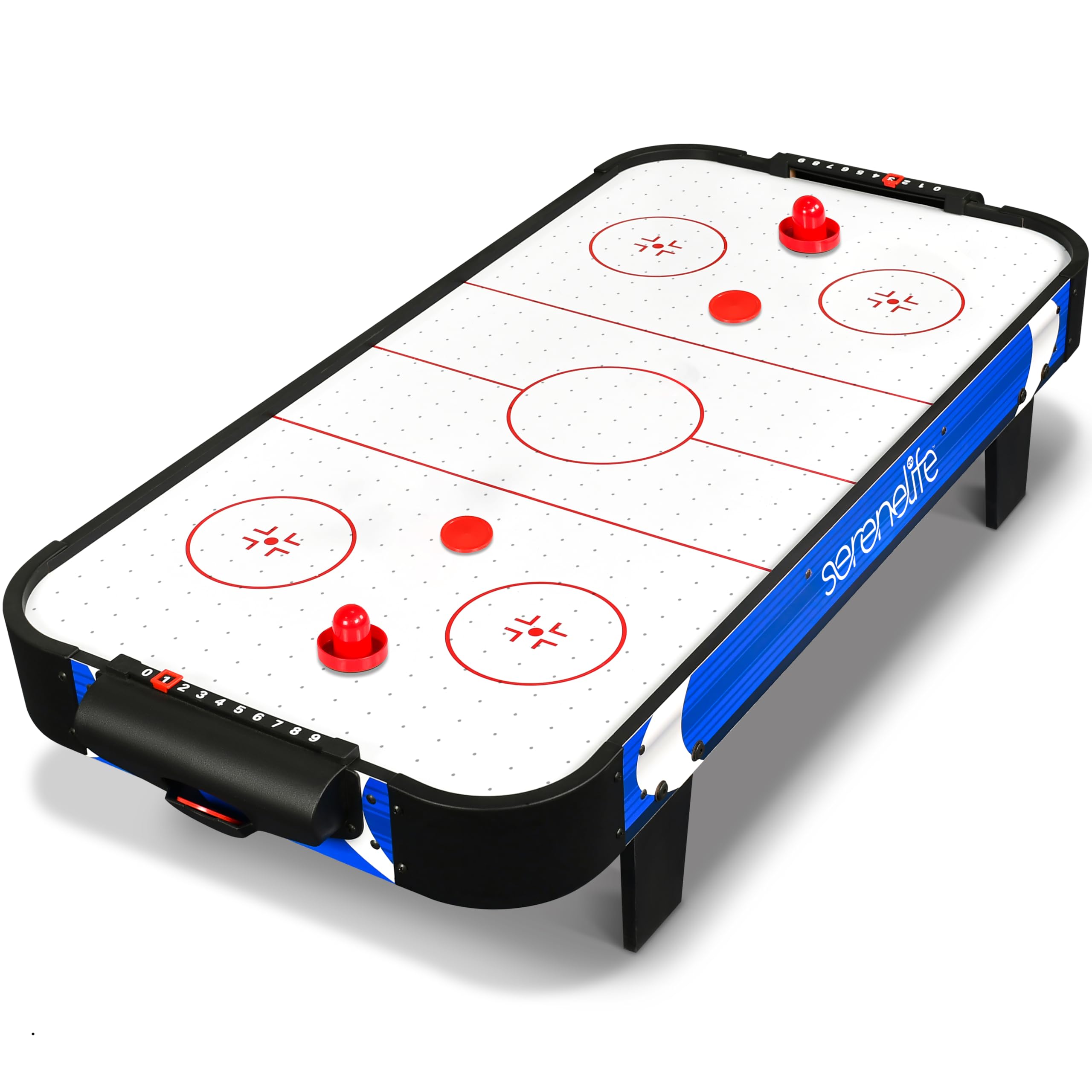 SereneLife Mini Air Hockey Table 101cm, Compact Motorised Game for Kids with Score Tracker, Puck Dispenser, Accessories, Fast Air Flow, Indoor Tabletop Fun, Blue & Black