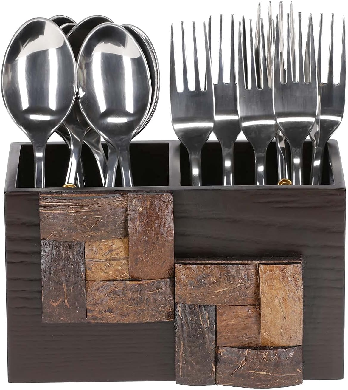 COCKTAIL Fancy Wooden MDF Spoon Holder with 2 Sections | Cutlery Stand for Dining Table and Kitchen | Multifunctional Organizer Stand | Tableware Storage Box | Brown (COCO)
