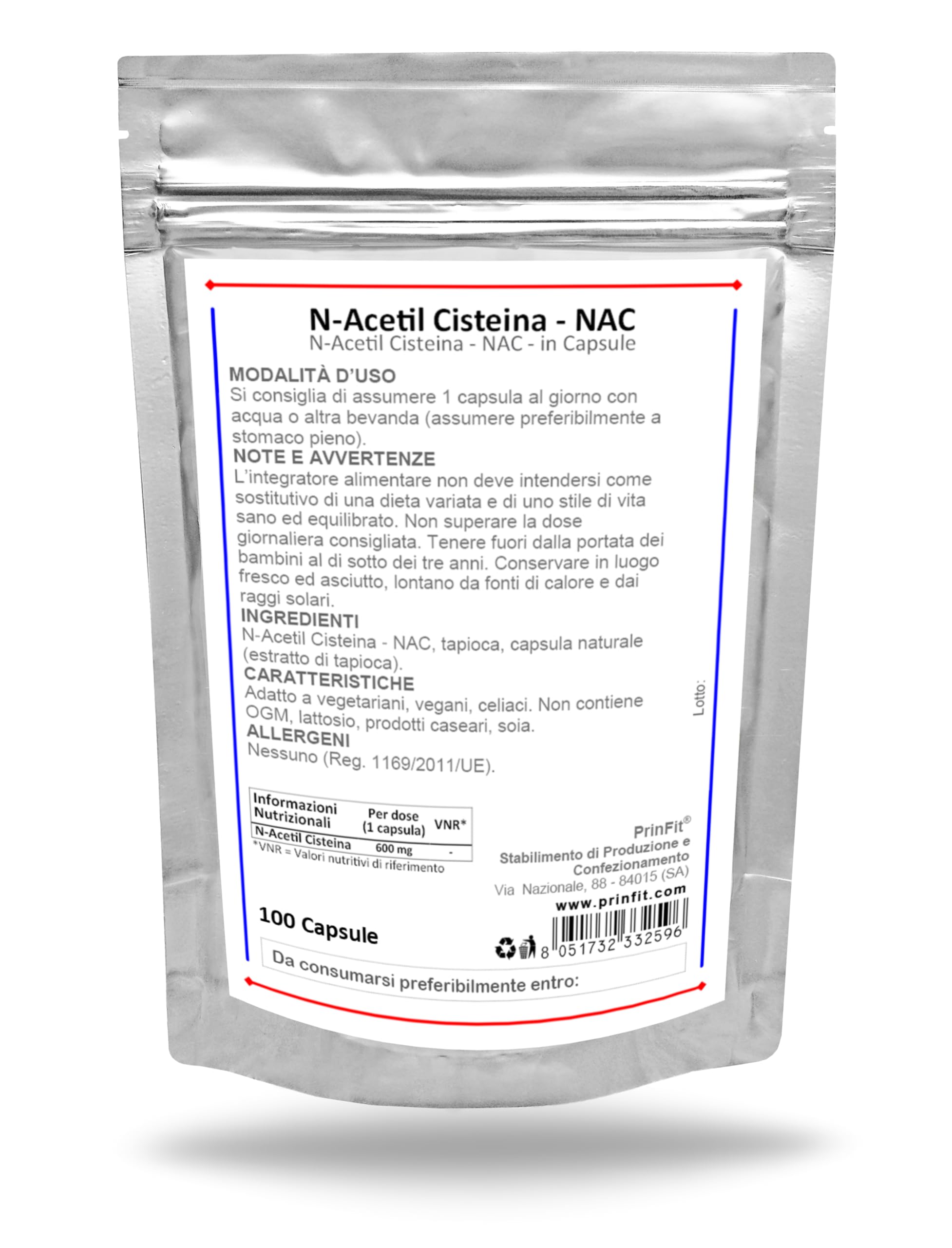 N-Acetil Cisteina - NAC 600mg - 100 Capsule | Integratore Alimentare Certificato | Senza Additivi | Made in Italy | Elevata biodisponibilità e tolleranza | Vegano | PrinFit