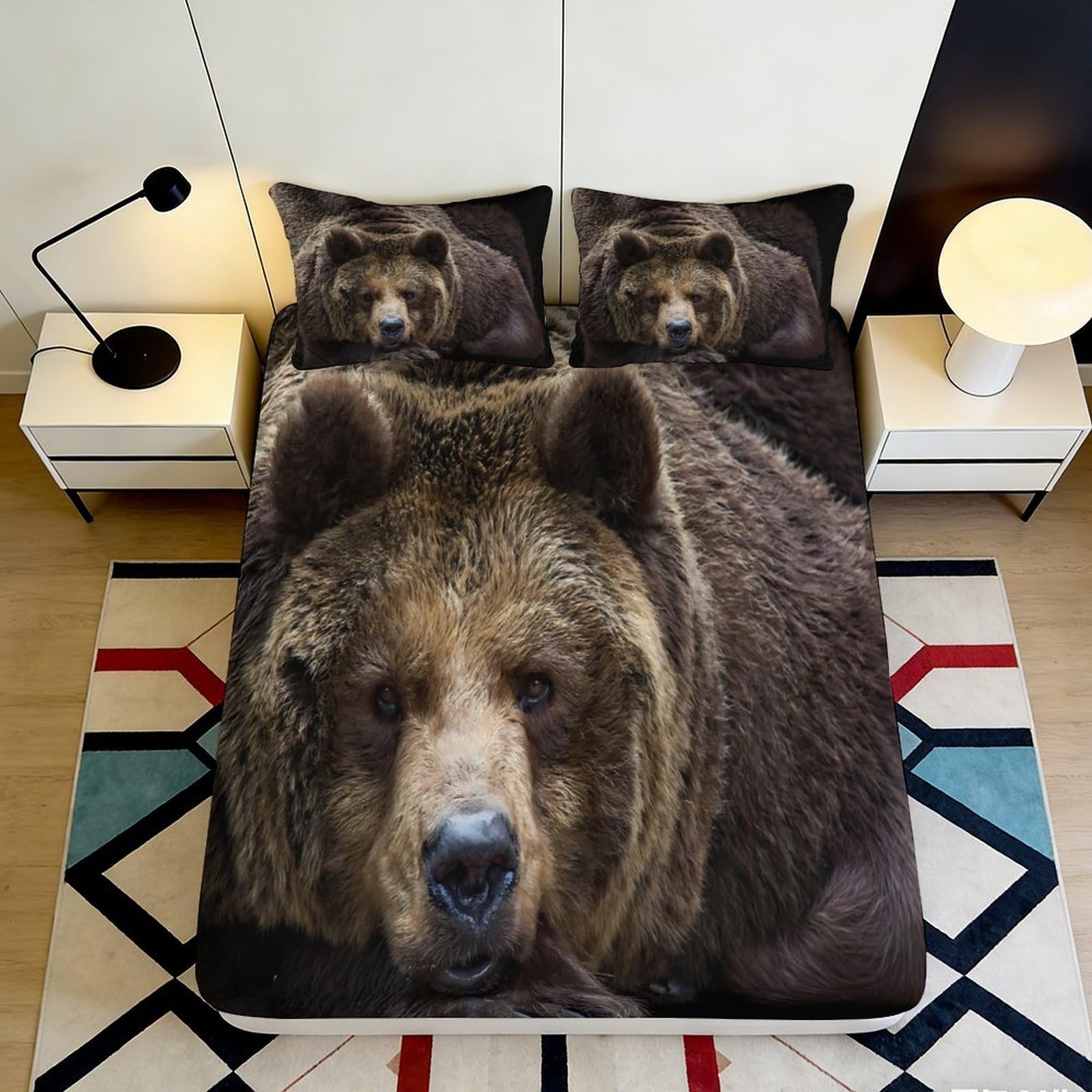 3D Printed Brown Bear Fitted Sheet Microfiber Soft Animal Forest Mattress Cover for Bedroom Guest Room Decor 200x200x25cm