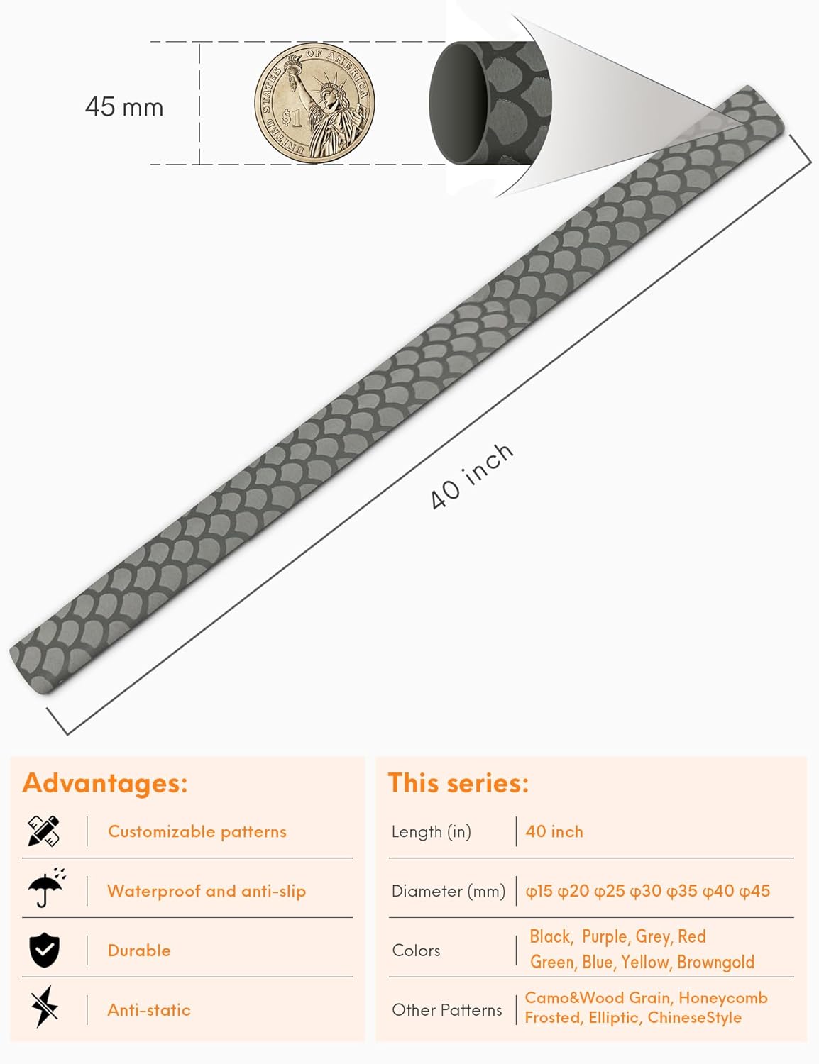 5 Pack(L3.3 ft*5) Heat Shrink Tubing for Fishing Rods, Fish Scale Pattern Fishing Rod Grip Heat Shrink Wrap (φ45mm, Gray)