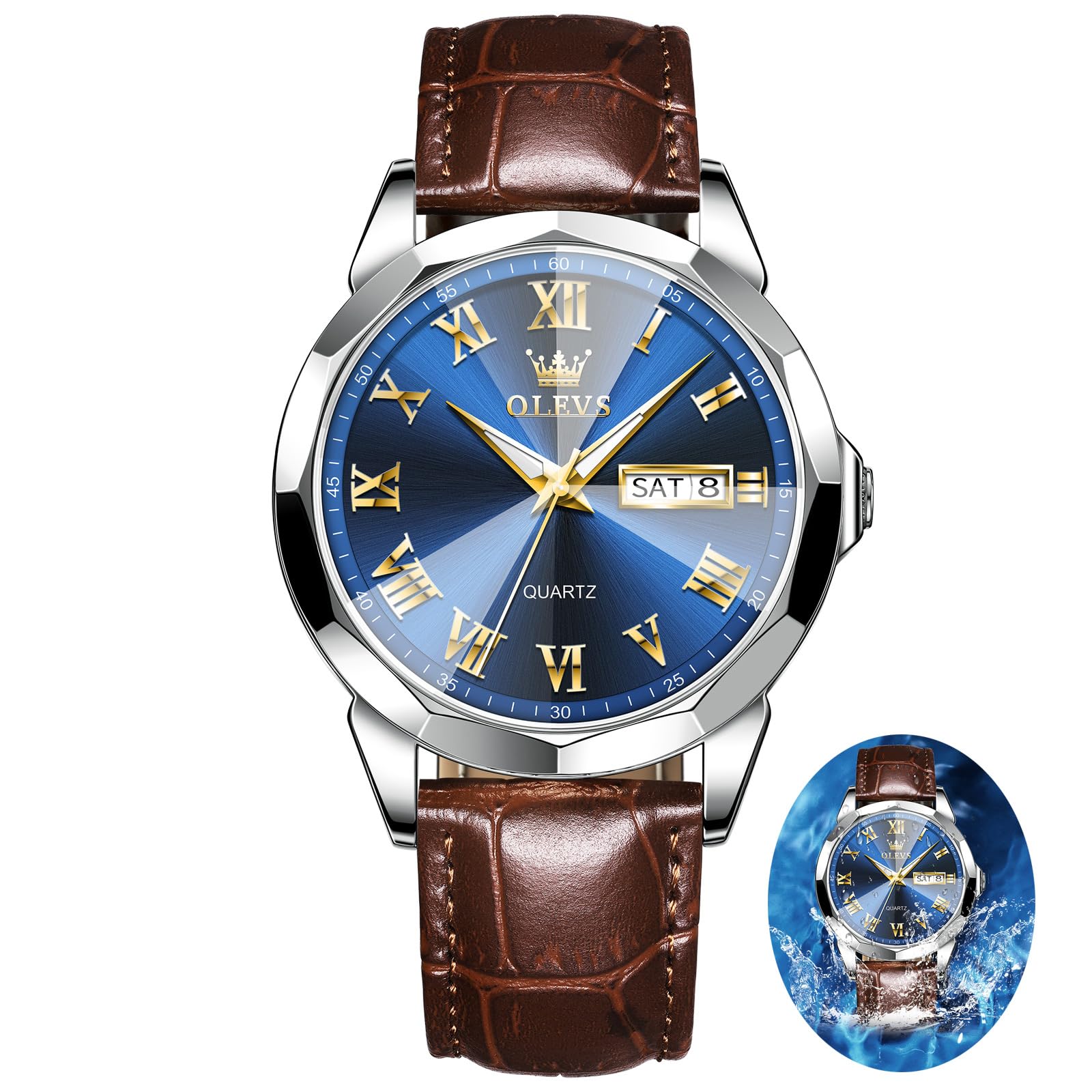 OLEVSMens Leather Watch Black Brown Leather Watch for Men with Day Date Waterproof Analog Quartz Dress Men's Watch Classic Large Big Face Men's Wrist Watches Blue Grey Black Dail