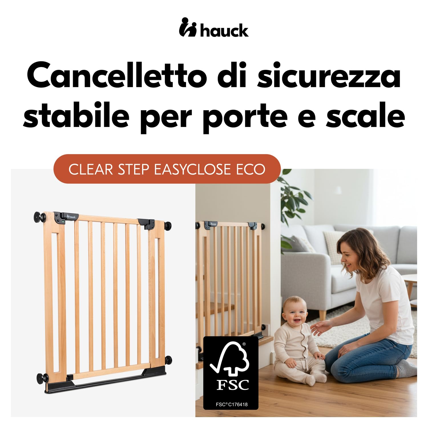 hauck Clear Step Easyclose Eco, Legno di Faggio - Cancelletto di Sicurezza Porte e Scale Interno per Bambini e Cani - Regolabile 75-80 cm con Viti Incluse - Alto 76 cm - Fissaggio Stabile con Fori