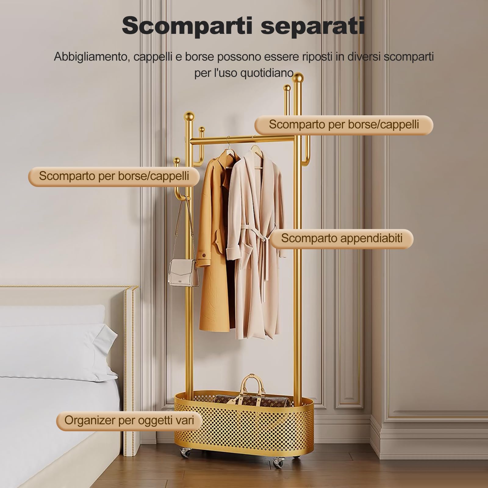 Ergocar Supporto Per Cappotto,Una Griglia Con Cappello Con Un Cesto, Design Multinimale. Può Muoversi Stabile a 360 °, Adatto Per Il Posizionamento a Letto, Soggiorno e Portico