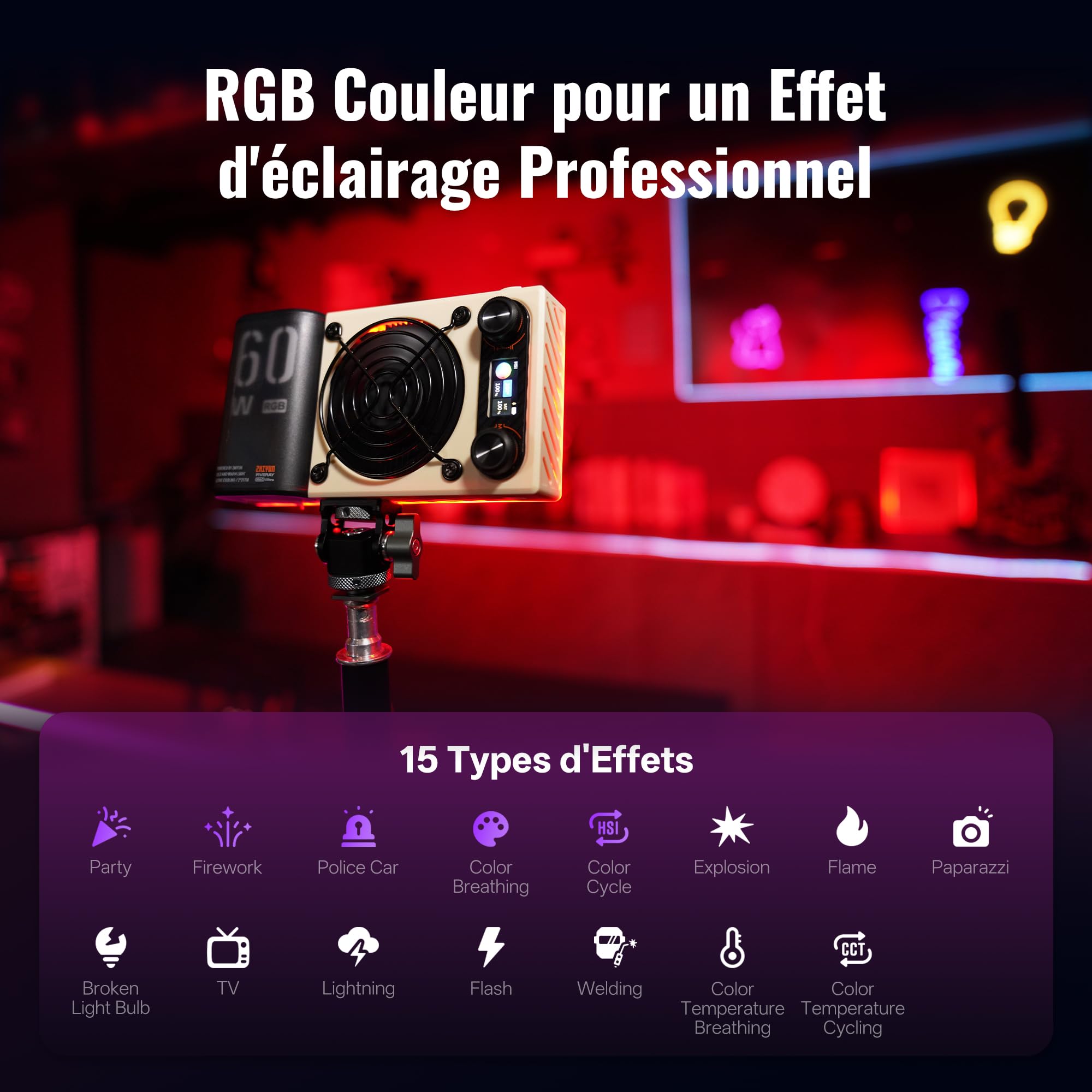ZHIYUN FIVERAY M60 Ultra 60W RGB Lumiere Vidéo[Officiel] Lumiere LED pour Camera, Cold Shoe, Magnétique Mount, éclairage Vidéo Portable, Batterie 4500mAh, Contrôle APP&Maître-Esclave,2500K~10000K,430g