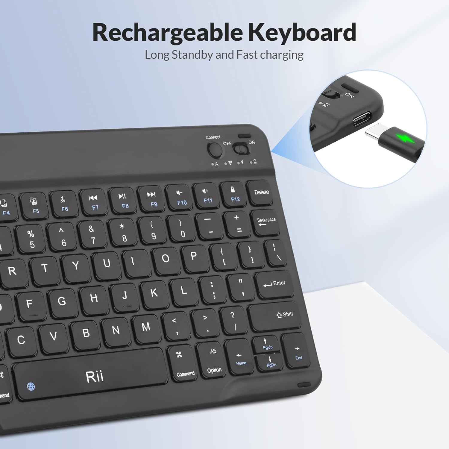 Rii RK302 Keyboard showing USB-C charging port