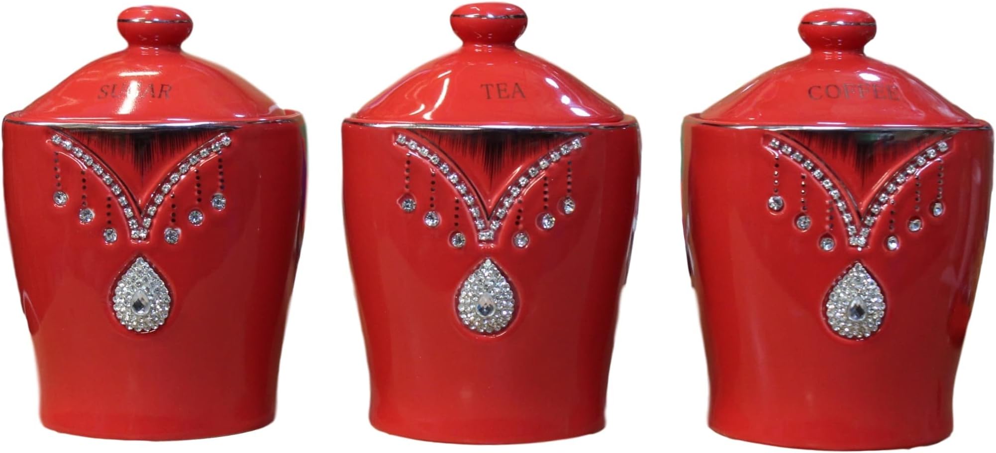 Red Retro Style Storage Jars Set Of 3 With Sparkling Crystal Diamante Elements 17 x 13 cm