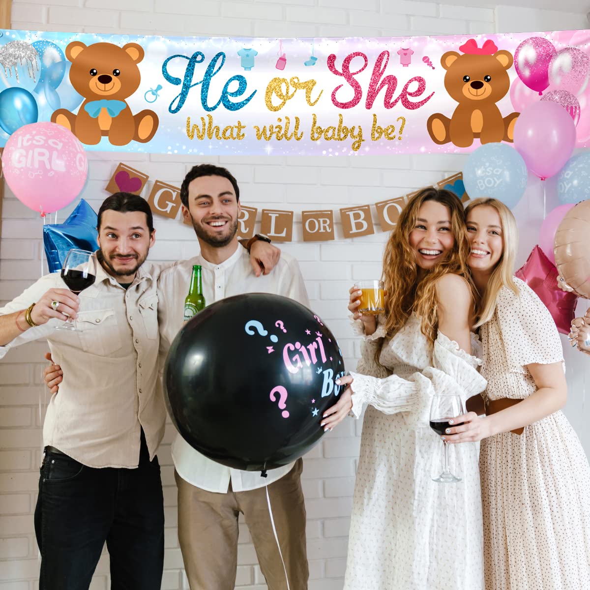 Gender Reveal DecorationHe or She Baby Bear Banner Baby Shower Yard Sign Photo Booth Props for