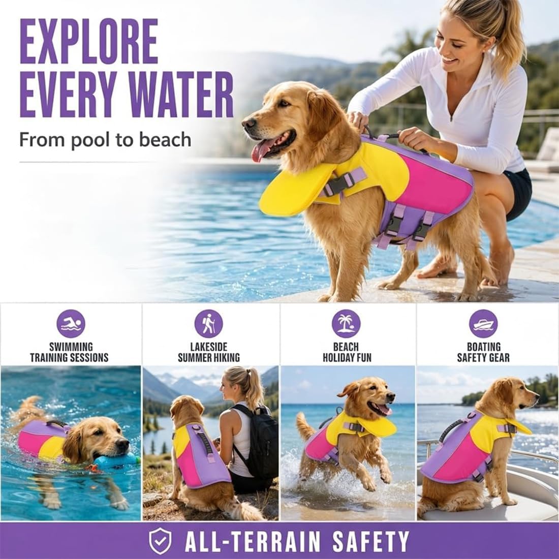Gilet de Sauvetage pour Chien avec Flotteur de Menton– Idéal pour la Natation, avec Support Cervical Avant, Haute flottabilité, Bandes réfléchissantes, Ajustement réglable (Brown,XL)
