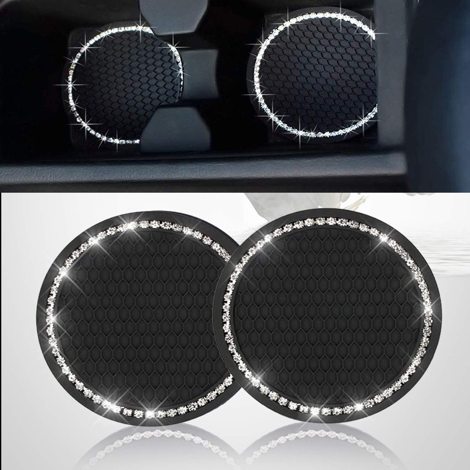 2PCS Bling Car Cup Coaster, Bling Car Accessories 2.75 inch,Rhinestone Anti Slip Insert Coaster, Suitable for Most Car Interior, Car Bling for Women,Party,Birthday Black-Clear Rhinestones