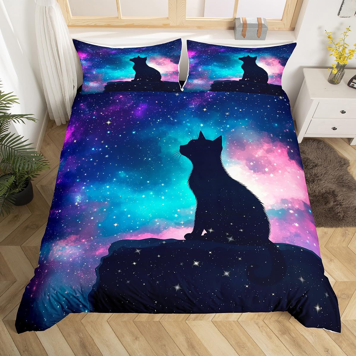 Castle Fairy Galaxy Sky Duvet Cover Full Size for Kids Boys Teens,Wild Fox Silhouette 3 Pieces Duvet Cover,Gradual Universe Starry Sky Soft Comforter Cover (Not Comforter),Tie Dyed Quilt Cover