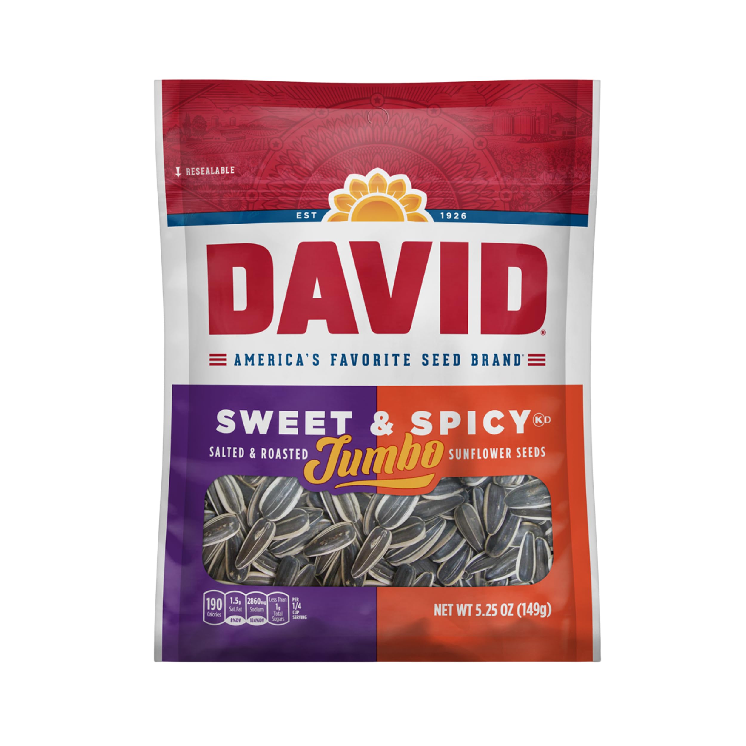 DAVID Seeds Roasted and Salted Sweet and Spicy Jumbo Sunflower Keto Friendly, 5.25 oz, 12 Pack