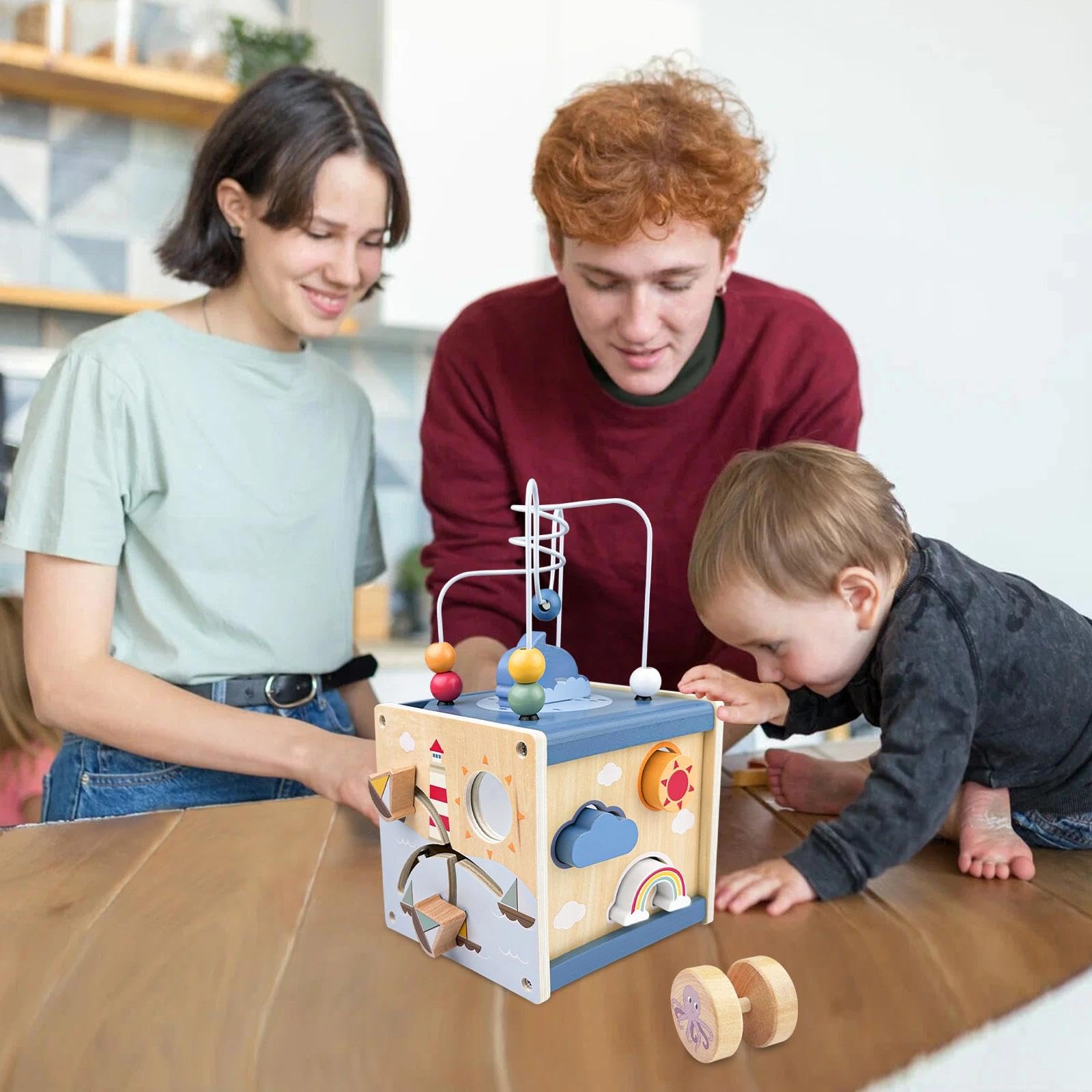 Cube d'Activité, 6 en 1 Jouet en Bois, Cube de Motricité avec Labyrinthe de Perles, Jouet d'apprentissage Montessori en Bois pour Enfants Plus 12 Mois