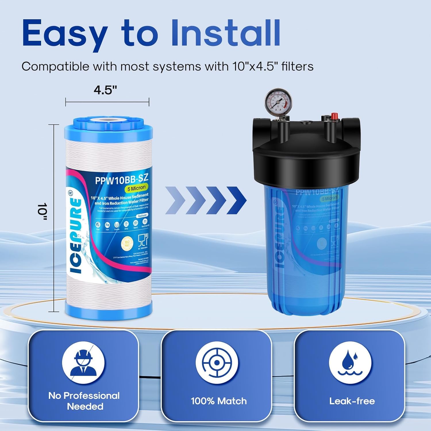 ICEPURE 5 Micron 10"x4.5" PPW10BB-SZ String Wound Water Sediment Filter Replacement for Whole House Filtration System, Compatible With Iron Reducing Filter For Well Water, 1Pack