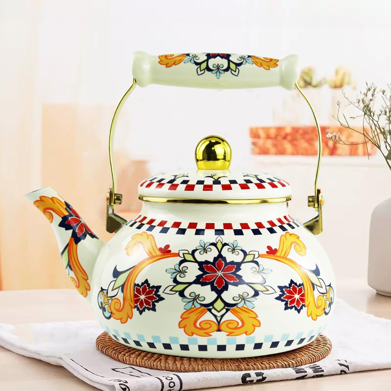 Floral Enamel Tea Kettle Bohemian Colorful Teapot Hot Water Coffee Kettle Pot 2.5L Porcelain Beige Red Yellow Vintage Tea Pot for Stovetop Hot Water Kitchen Decor