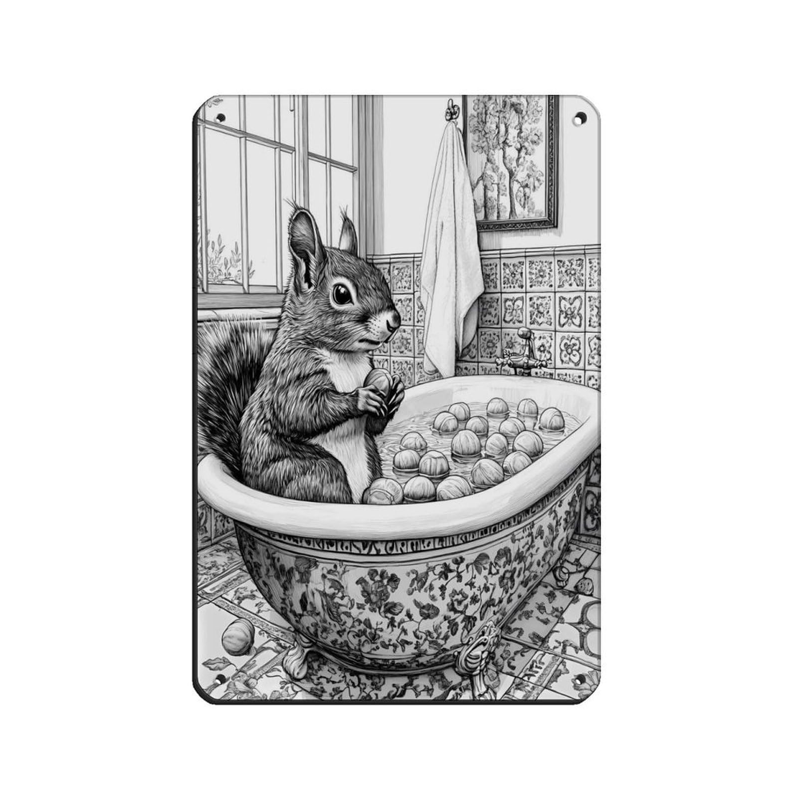 Squirrel in Bathtub, Quirky Home Decor Retro Poster Metal Tin Sign Chic Art Retro Iron Painting Bar People Cave Cafe Family Garage Poster Wall Decoration 8x12inch(20x30cm)