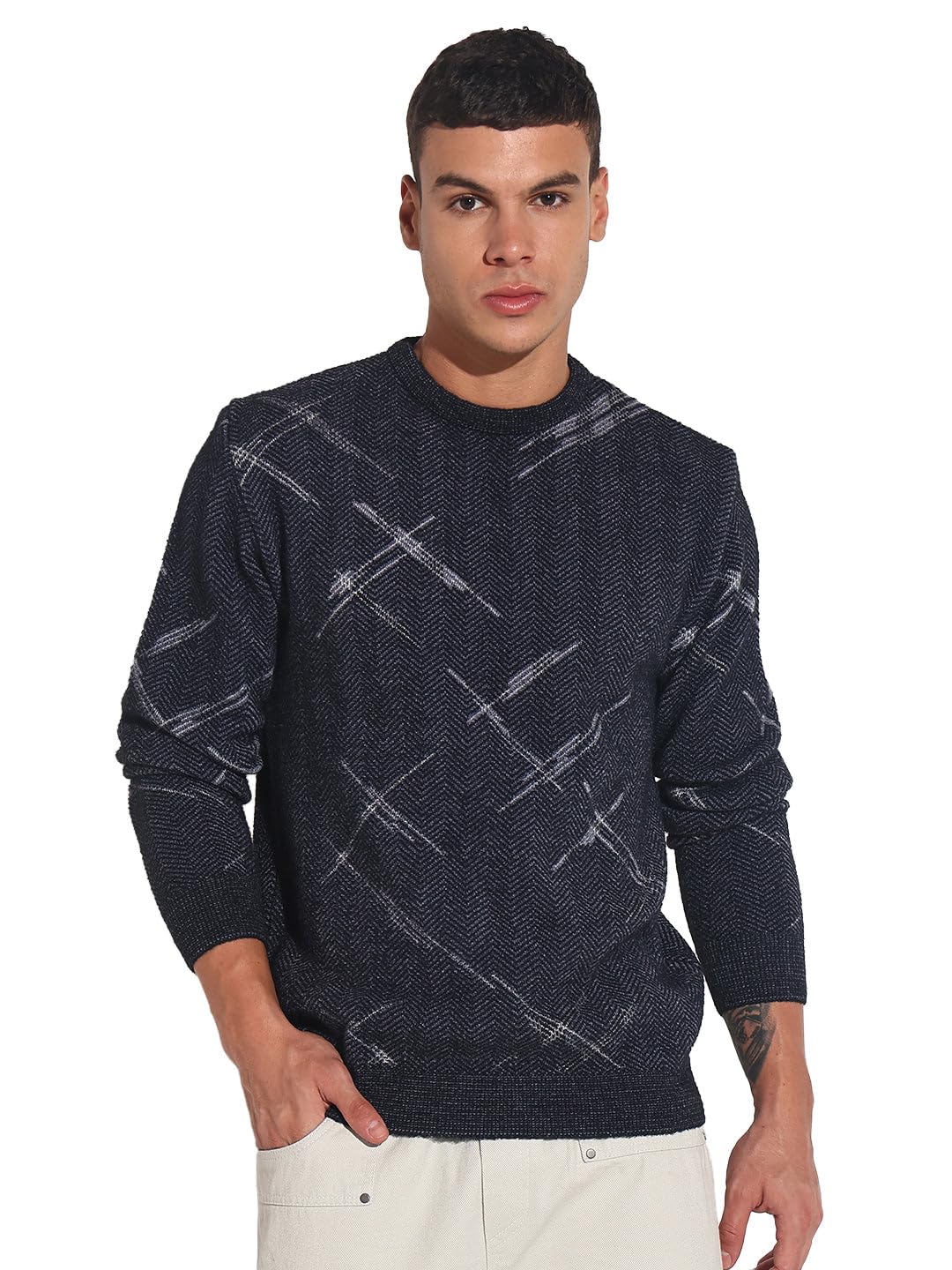 Edition Men's Abstract Navy Blue Ribbed Round Neck Sweater-LBR-2508_NavyBlue-image-2