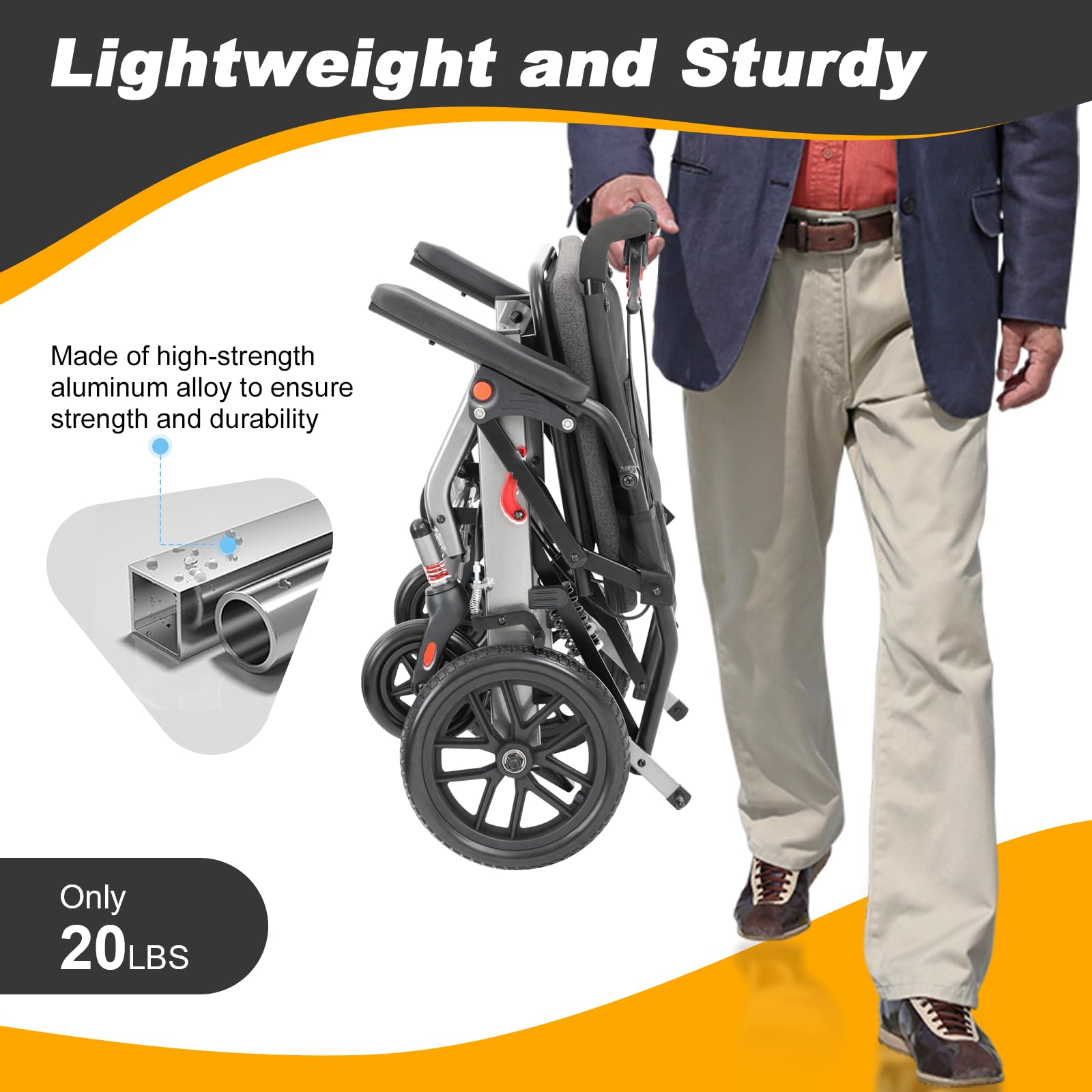 SOFTFISH Wheelchairs for adults, Transport wheelchair lightweight foldable (Only takes 1S), Ultra Light Wheelchair Equipped with 10IN Solid PU tires with shock absorber pump