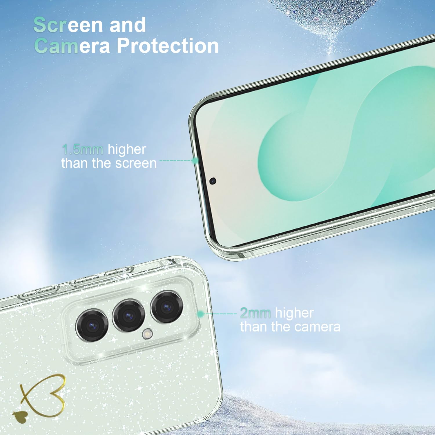 Cover Compatibile con Samsung Galaxy S25/ Samsung Galaxy S24 5G, con 3 Pezzi Vetro Temperato Pellicola Protettiva, Glitter e Antimpronta Custodia, Antigraffio e Morbido Caso - Trasparente