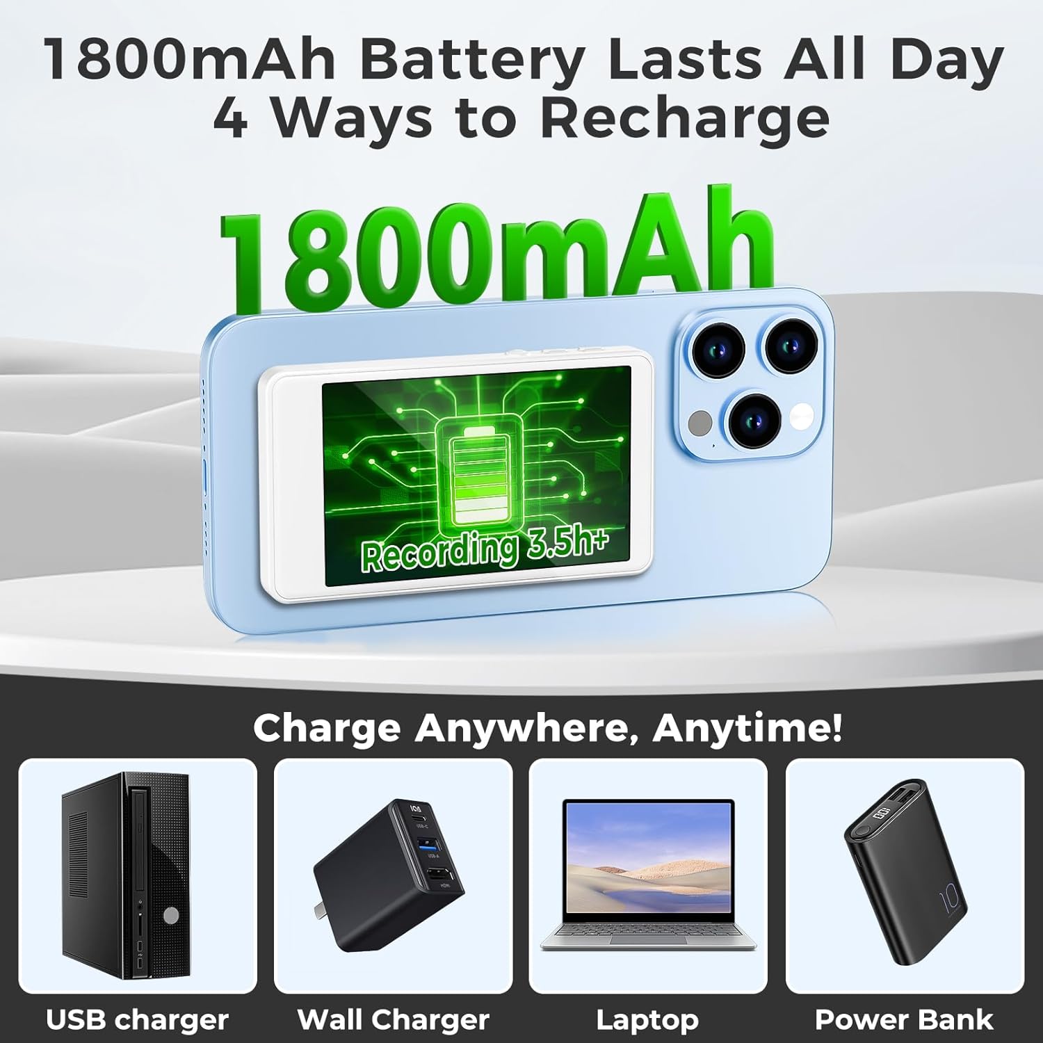 Wireless Selfie Monitor Screen for iPhone & Android，1800mAh with Bluetooth Remote, 3-Level Brightness & Wide Screen Mode, Using Phone Rear Camera for Selfie Vlog No Delay Live Stream for TikTok White