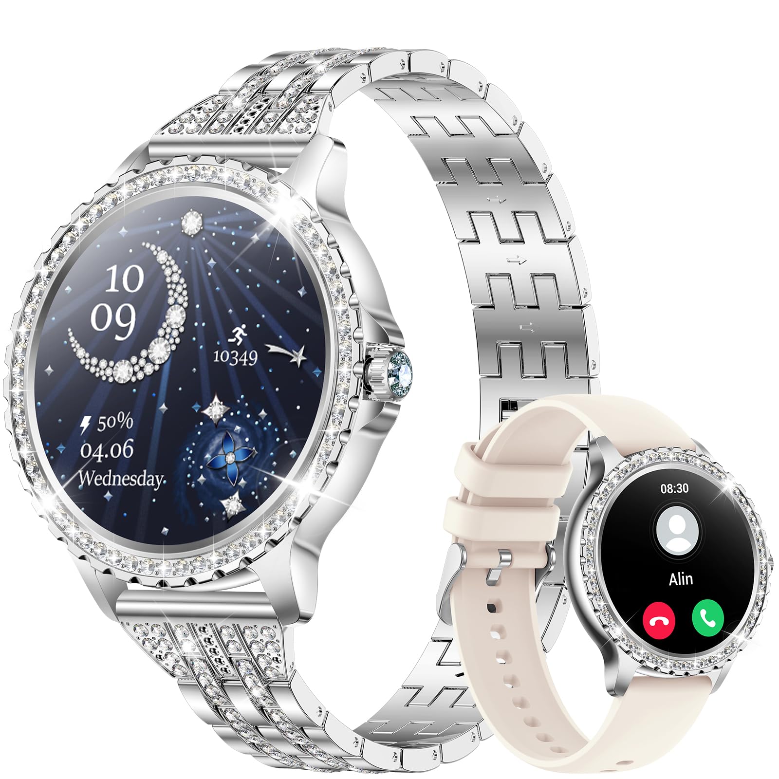 CIVO Women's Round Smart Watch: Calls Bluetooth Smart Watch Compatible Android iOS – Silver Pedometer Smartwatch Women