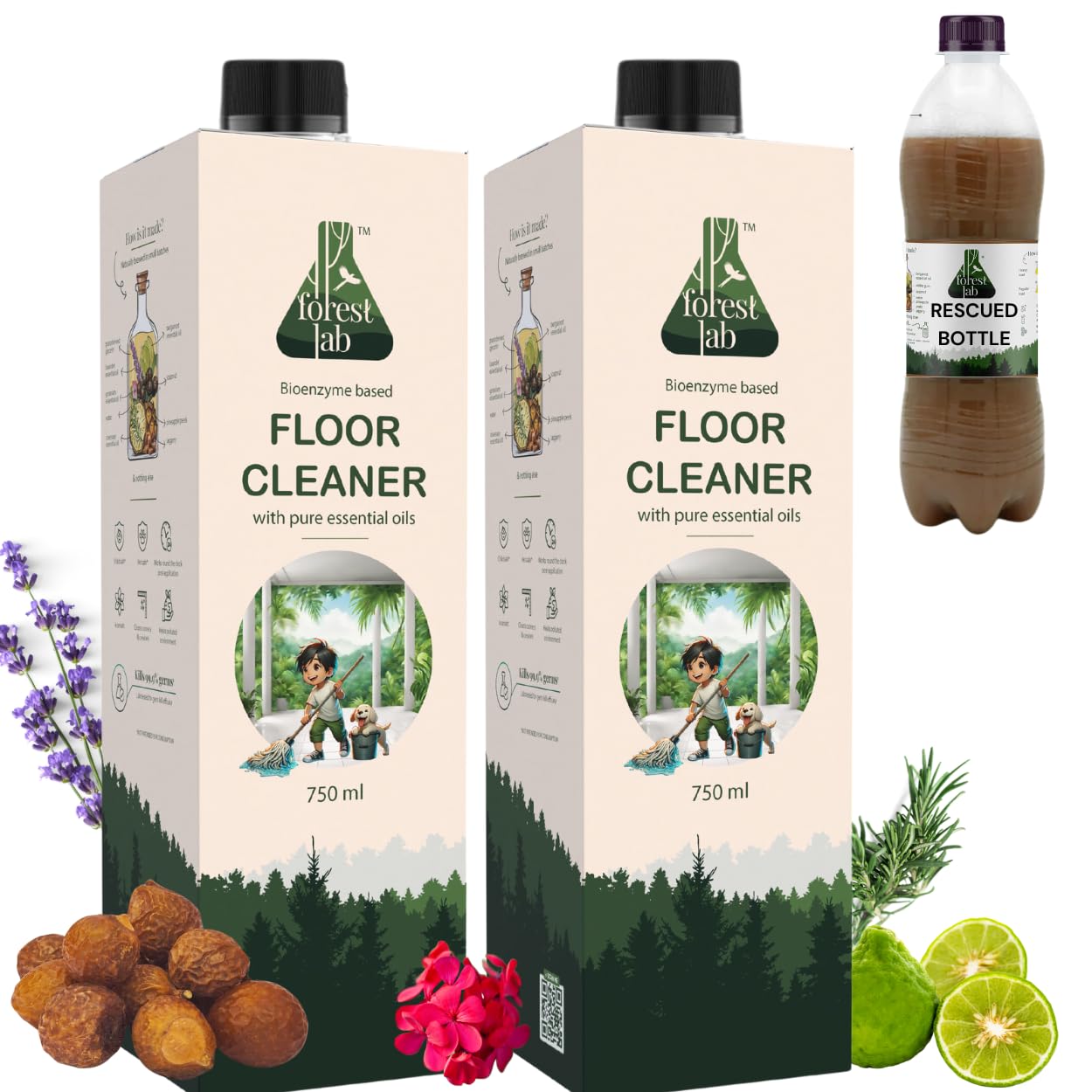 Floor Cleaner| Eco Friendly, Baby & Pet Safe, Non Toxic, Natural & Biodegradable| Herbal Disinfectant| Bio Enzyme, Soapnuts| Cleans Marble Wood Tiles Or Granite (750 ml (Pack of 2))