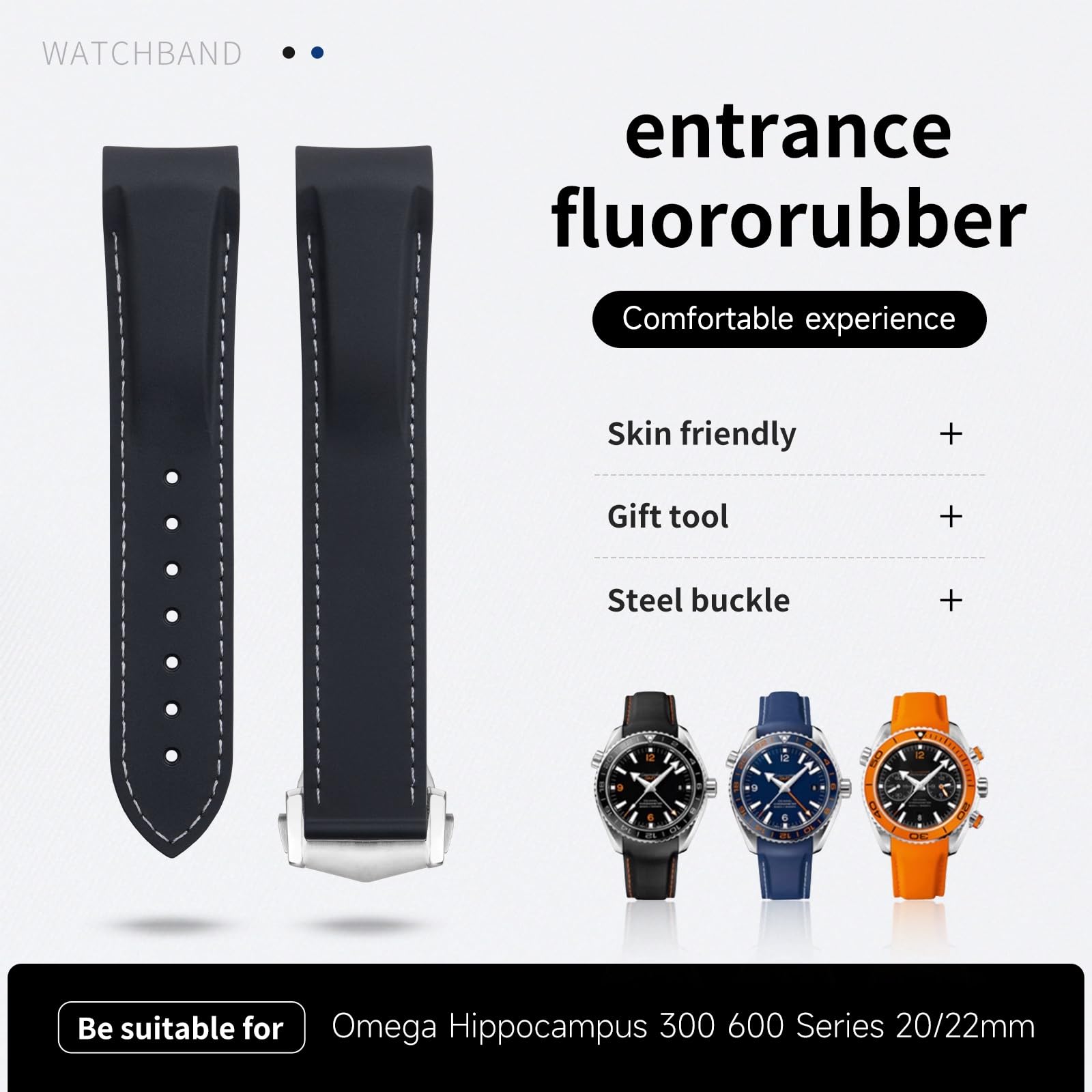 Miękki elastyczny gumowy pasek do zegarka do zegarka Omega Speedmaster Moonwatch Seamaster 300 AT150 PLANET OCEAN 600 opaska na nadgarstek 20/21/22mm złota okrągła klamra(Blue,20mm)