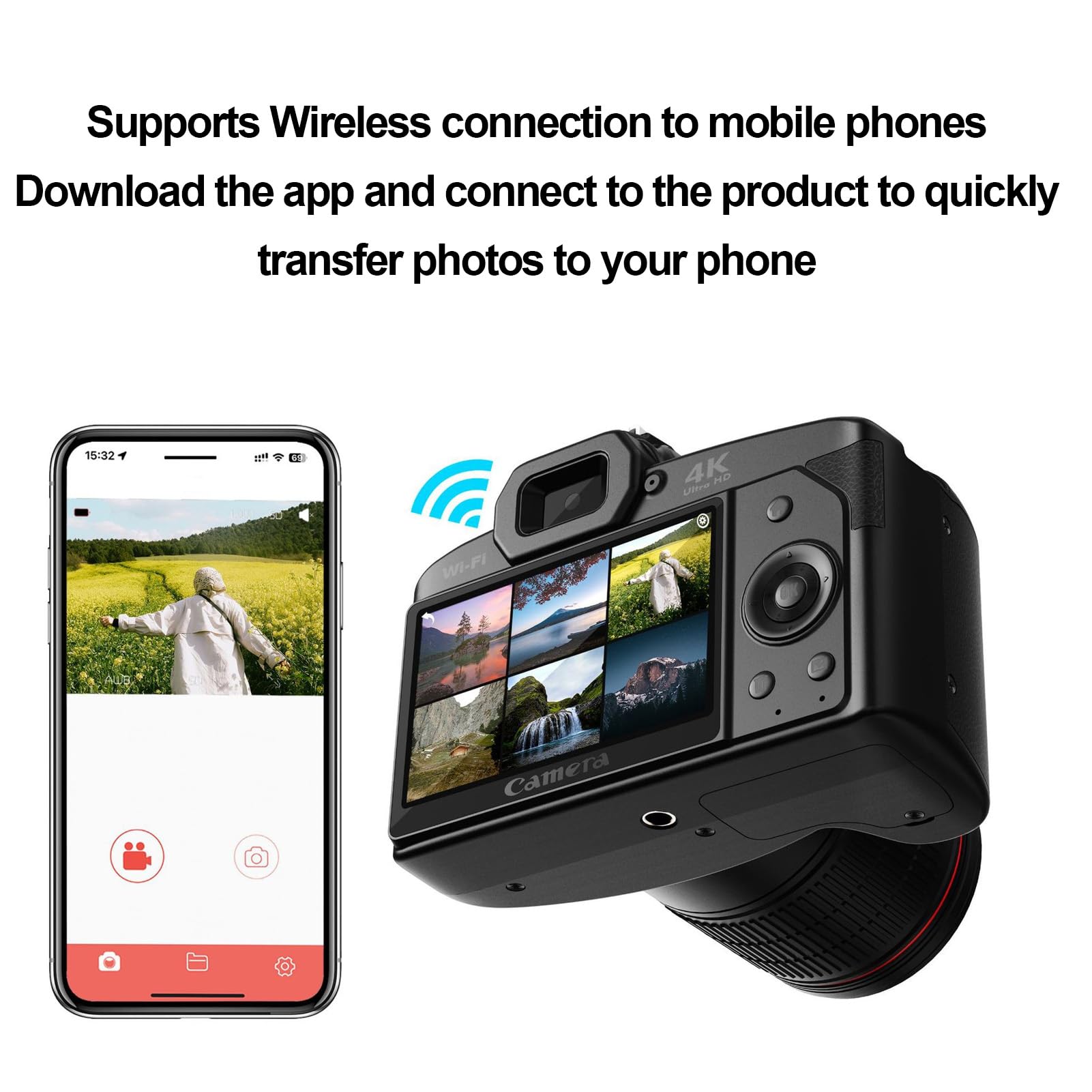 4K Digital Camera for Photography, 64MP Cameras for Photography with WiFi, 16X Zoom Vlogging Camera for YouTube Video with Front and Rear Lens, Flash, Lens Hood, 32GB Card, Black