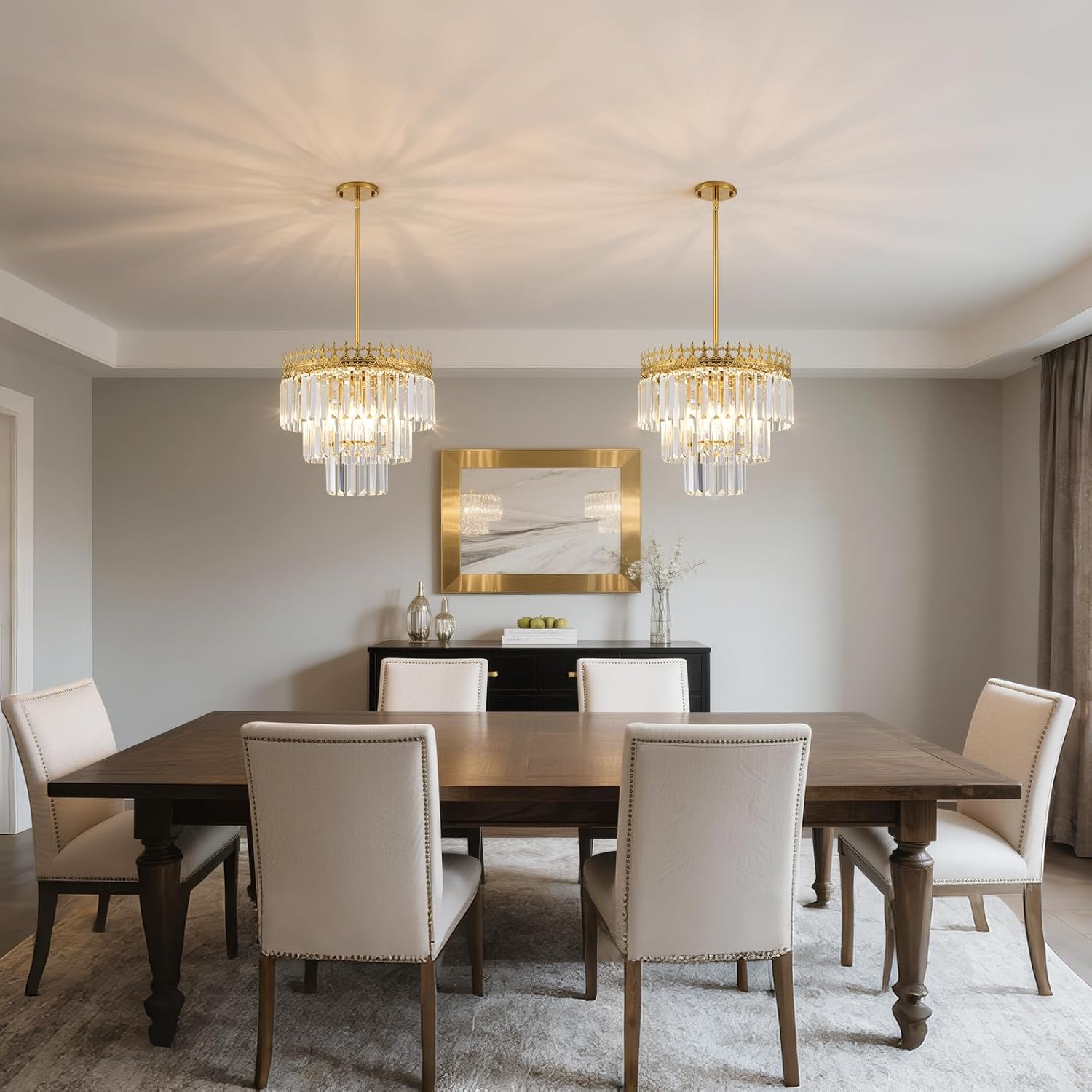 16'' Gold Crystal Chandelier,6-Light Modern Chandeliers for Dining Room,3-Tiers Round Metal Pendant Light Fixture for Kitchen Island Living Room Bedroom Entryway