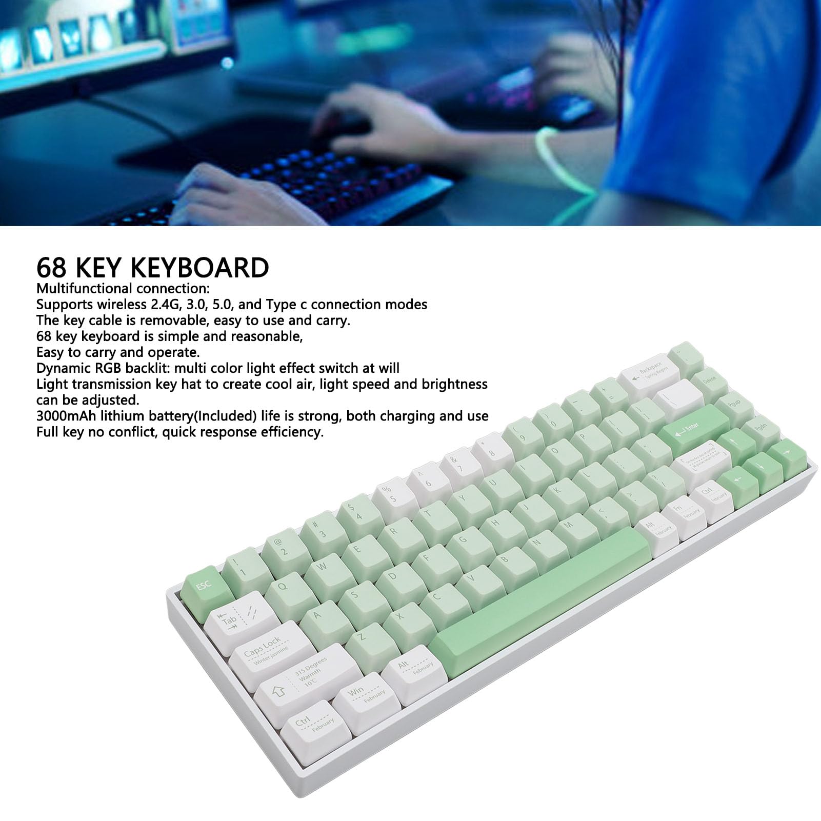 Mechanical Keyboard,68 Key Mechanical Gaming Keyboard, 2.4G