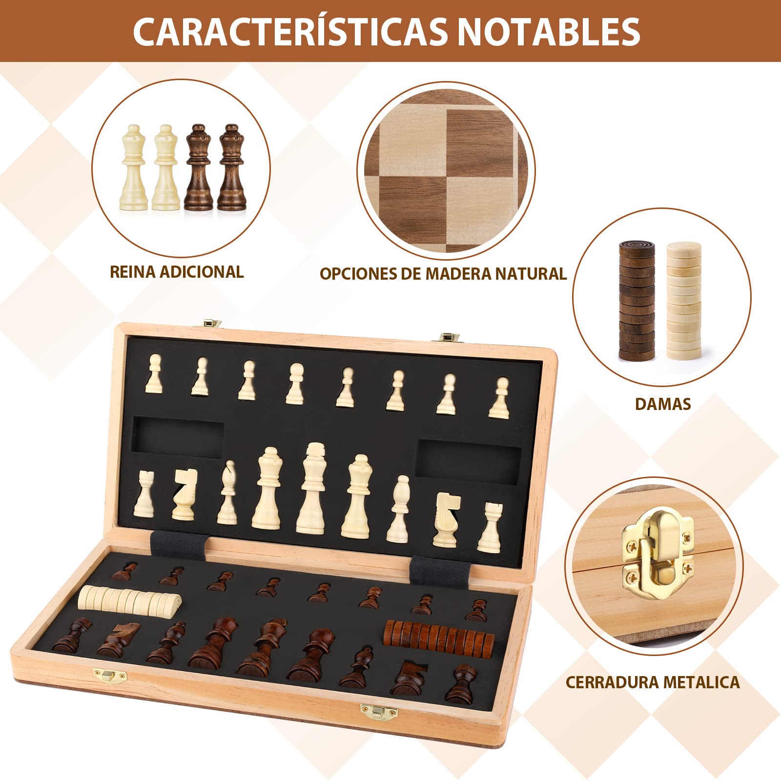 Peradix 2 en 1 Ajedrez Magnético y Damas, Ajedrez Madera 38 X 38CM, con 2 Reinas Extra, Plegable y Fácil de Llevar, Regalos Ideales y Juegos del Aire Libre